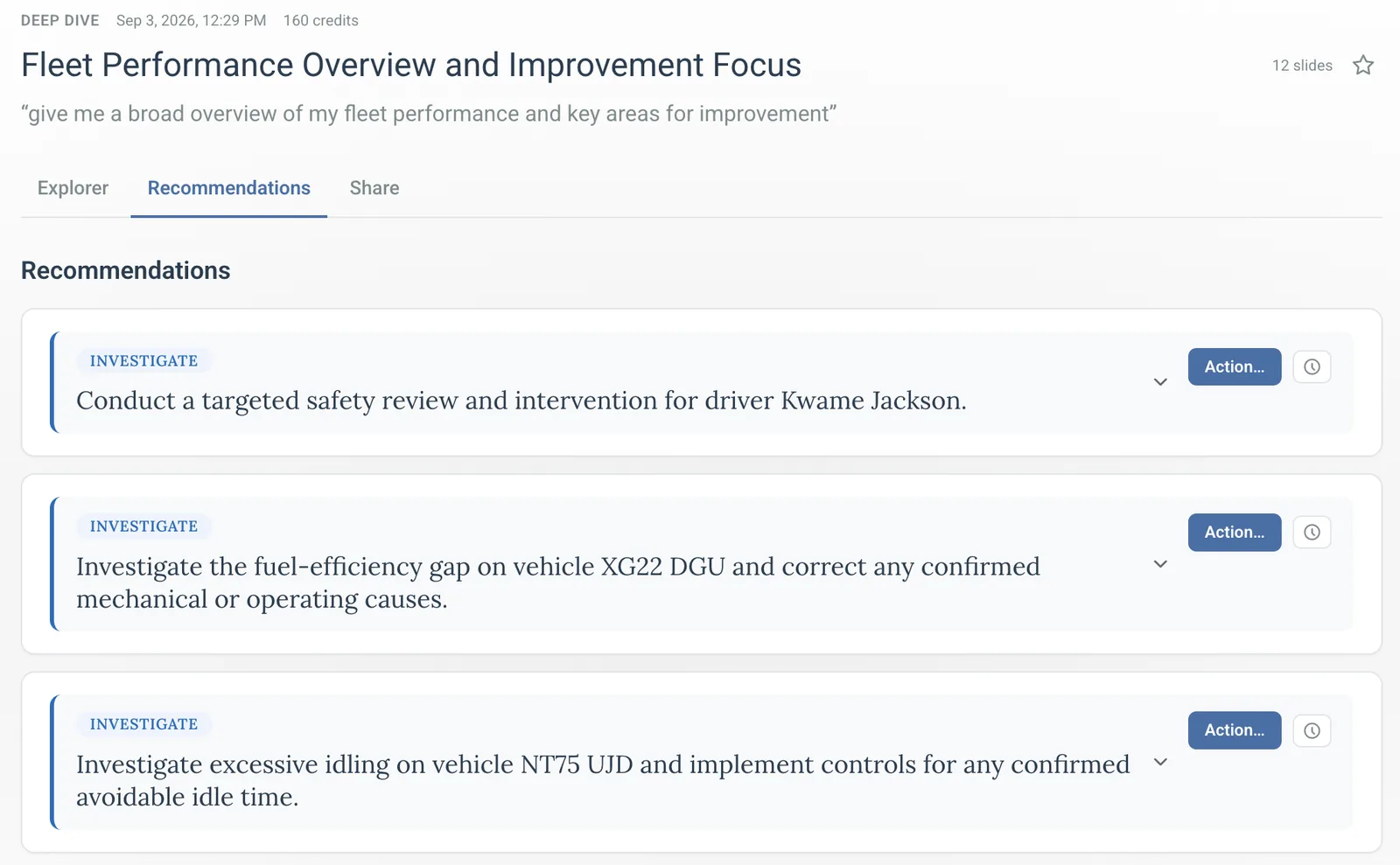 The Recommendations tab listing three recommendations with Action buttons