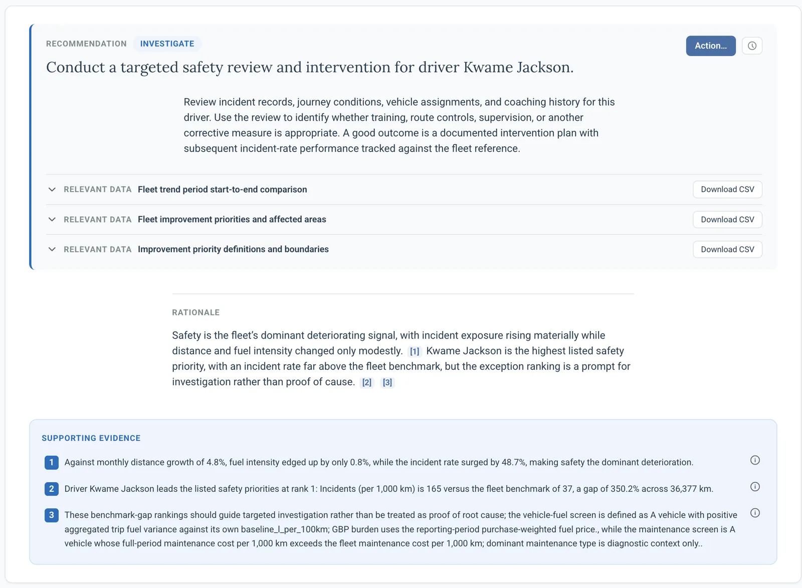 A recommendation slide: statement, rationale and supporting evidence
