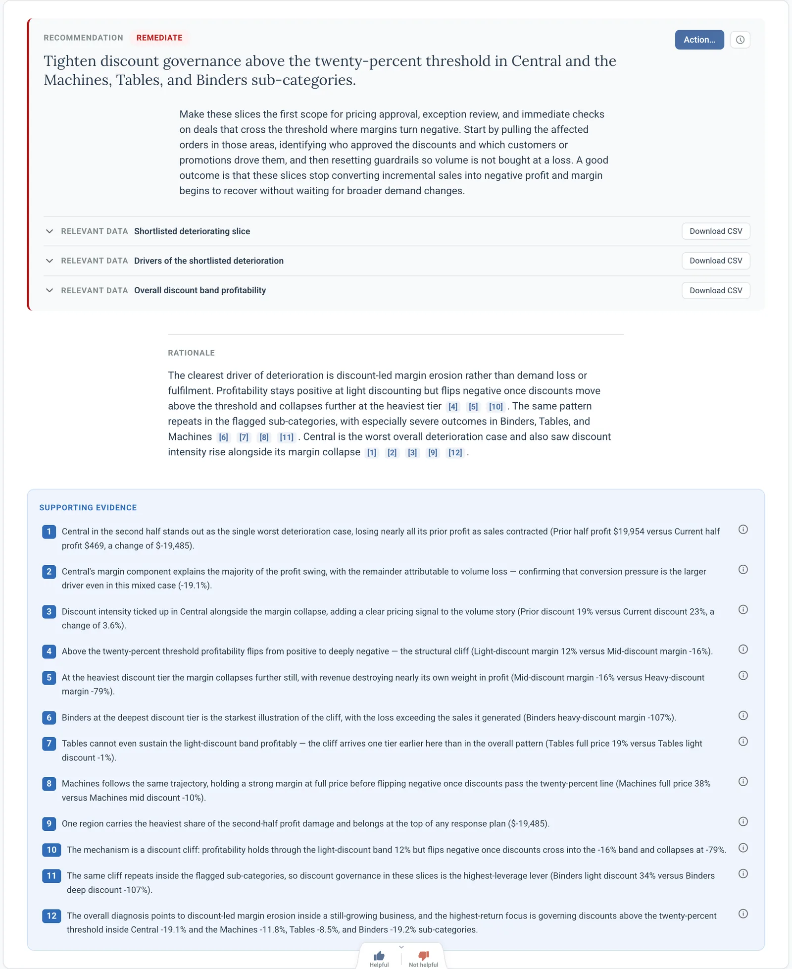 A recommendation slide: the statement, its rationale and the supporting evidence, with an Action button