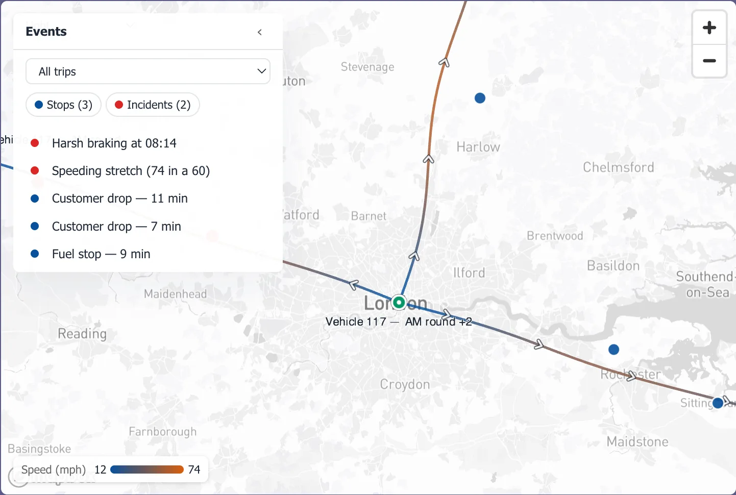 Routes: trips by speed, with stops and incidents