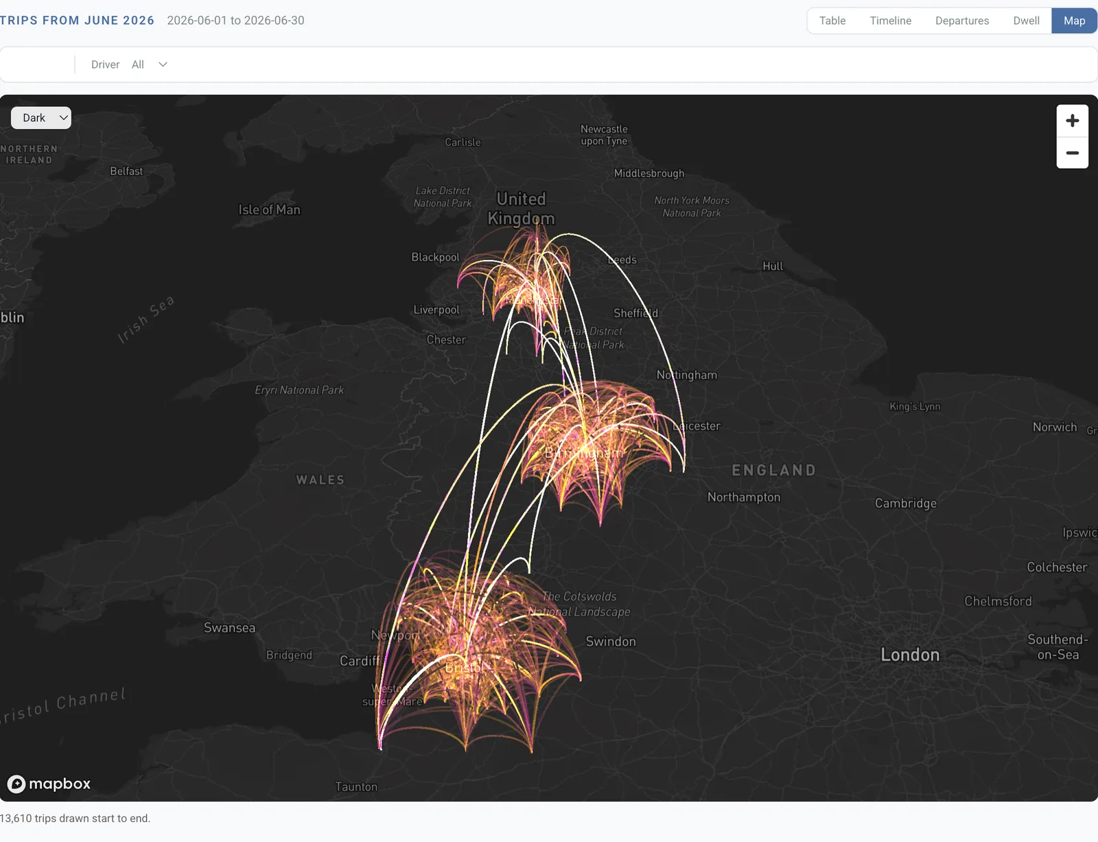 Map view: 13,610 trips drawn start to end around three depots